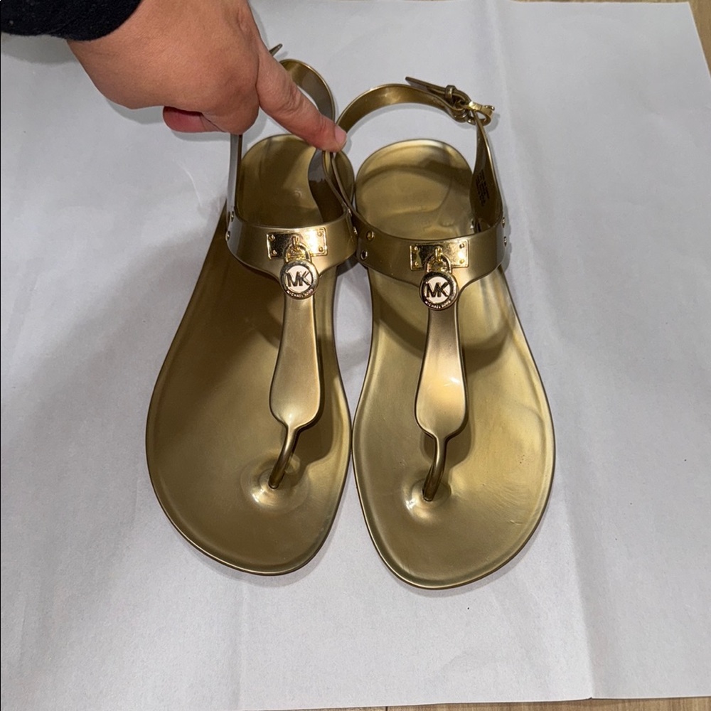 Michael Kors Gold T-Strap Jelly Sandals with MK Charm
